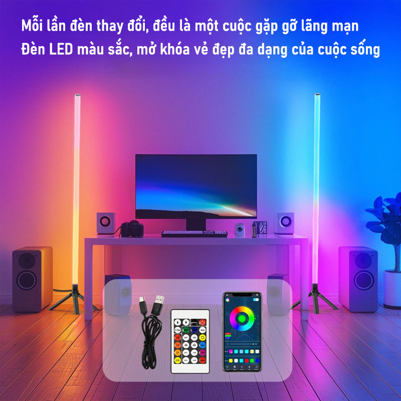Cây Đèn LED RGB 124cm - Thiết Kế Hiện Đại, Nhạy Theo Nhạc, Điều Khiển APP/Remote, Trang Trí PC/Tivi/Phòng Hoàn Hảo