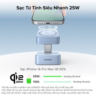 【Qi2 25w】Đế sạc không dây UGREEN 25W Magflow 2 trong 1, đế sạc từ tính cho iPhone 17/16/15/14/13Pro Max, chân đế gập