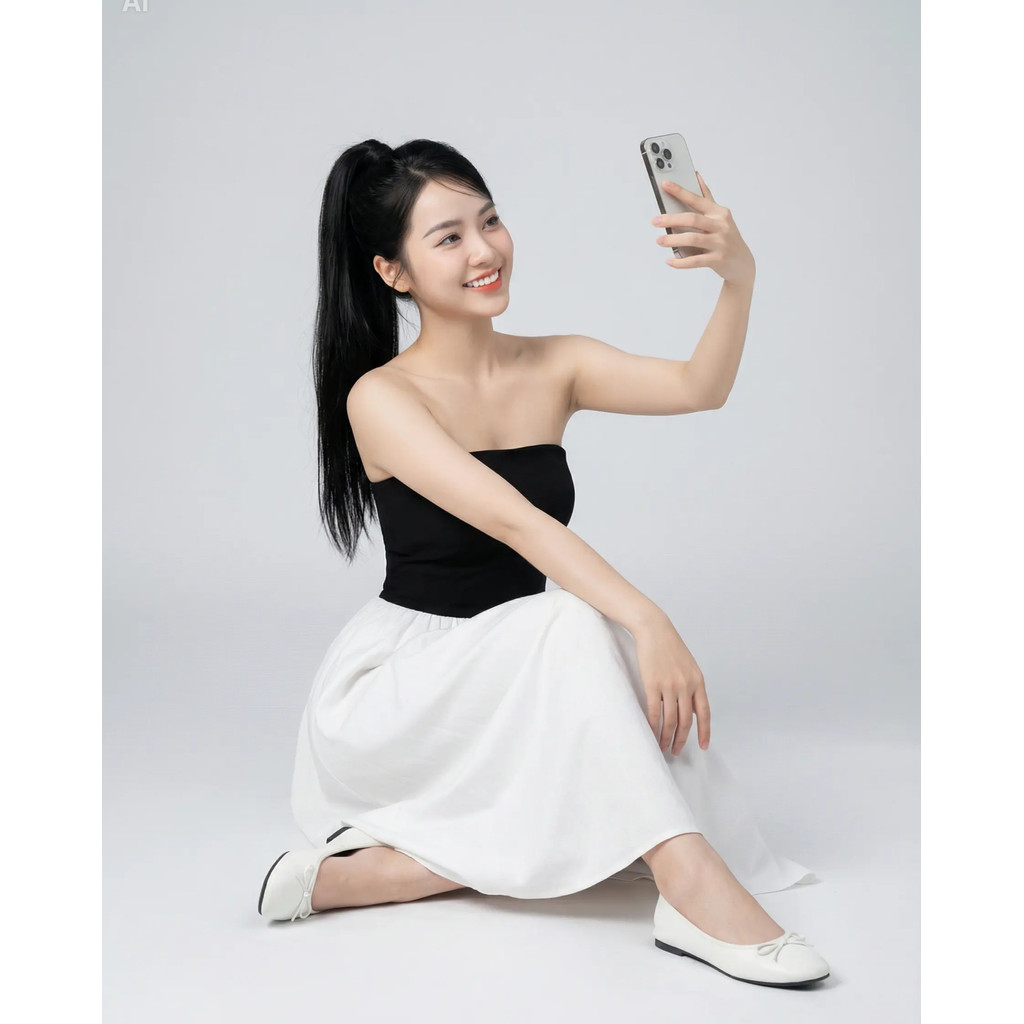 Váy Form Dài SHI Nữ Cúp Ngực Tùng Xòe Màu Tương Phản Trắng Đen