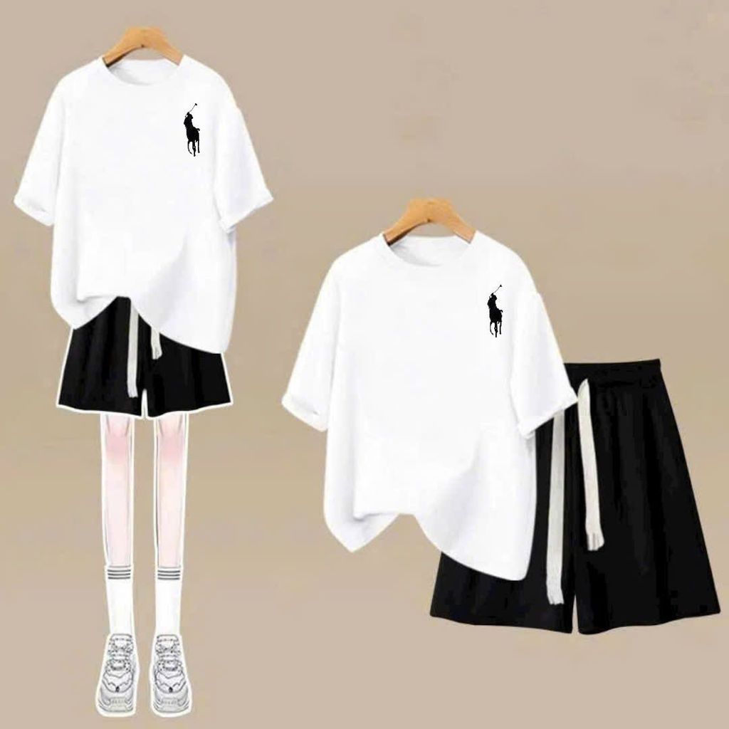 sét bộ quần đùi cộc dây to trơn+mĩx áo phông form rộng in ngựa ng ự c-shop thời trang thu bio