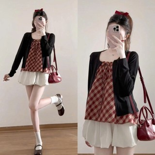 Set áo 2 dây kẻ kèm áo cardigan dài tay phong cách Hàn Quốc, Áo hai dây tiểu thư kẻ sọc Siêu xinh
