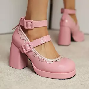 VNMZGG34-39 Kích Thước Lớn Hai Hàng Khóa Dây Đeo Ren Nông Miệng Dày Gót Cao Chống Thấm Nước Nền Tảng Màu Sắc Phù Hợp Với Khắc JK Mary Jane COS Giày