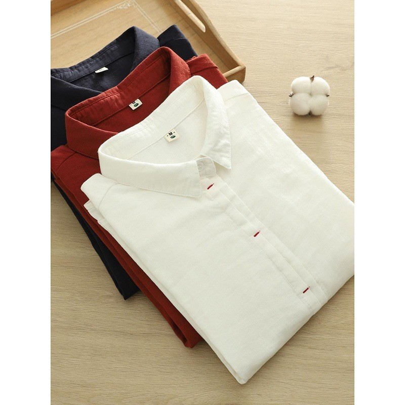 [Sẵn sàng] Áo sơ mi nữ 100% cotton chất lượng cao Áo sơ mi thêu nghệ thuật đơn giản Nút thắt dáng rộng cho bé Áo sơ mi đáy cotton
