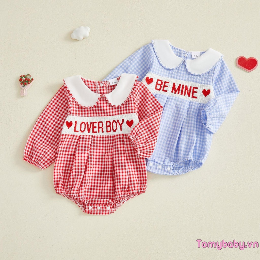 Bé Gái Ngày Lễ Tình Nhân Áo Liền Quần Kẻ Sọc In Hình Búp Bê Dài Tay Cổ Bong Bóng Jumpsuit