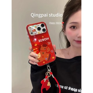 Hoạt Hình Dễ Thương Pháo Hoa Làm Giàu Mặt Dây Chuyền Ngựa Da Wrsit Dây Đeo Vỏ Điện Thoại Cho iPhone 17Promax 16Promax 15 Pro Max Chống Sốc Bảo Vệ Toàn Bộ Ống Kính Nữ Vỏ Di Động