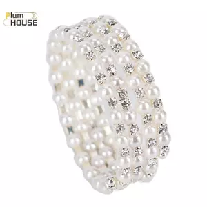 PlumHOUSE Vòng tay rộng co giãn từ pha lê và ngọc trai nhiều lớp