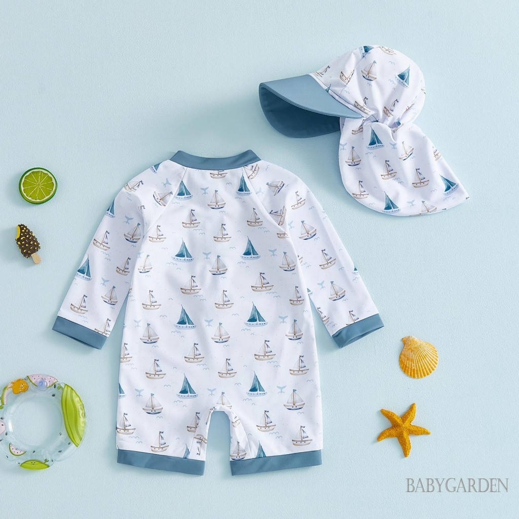 Bộ đồ bơi bé trai 3M-5Y dành cho trẻ em Bộ áo liền quần cổ tròn dài tay in hình thuyền buồm đáng yêu cho bãi biển hồ bơi