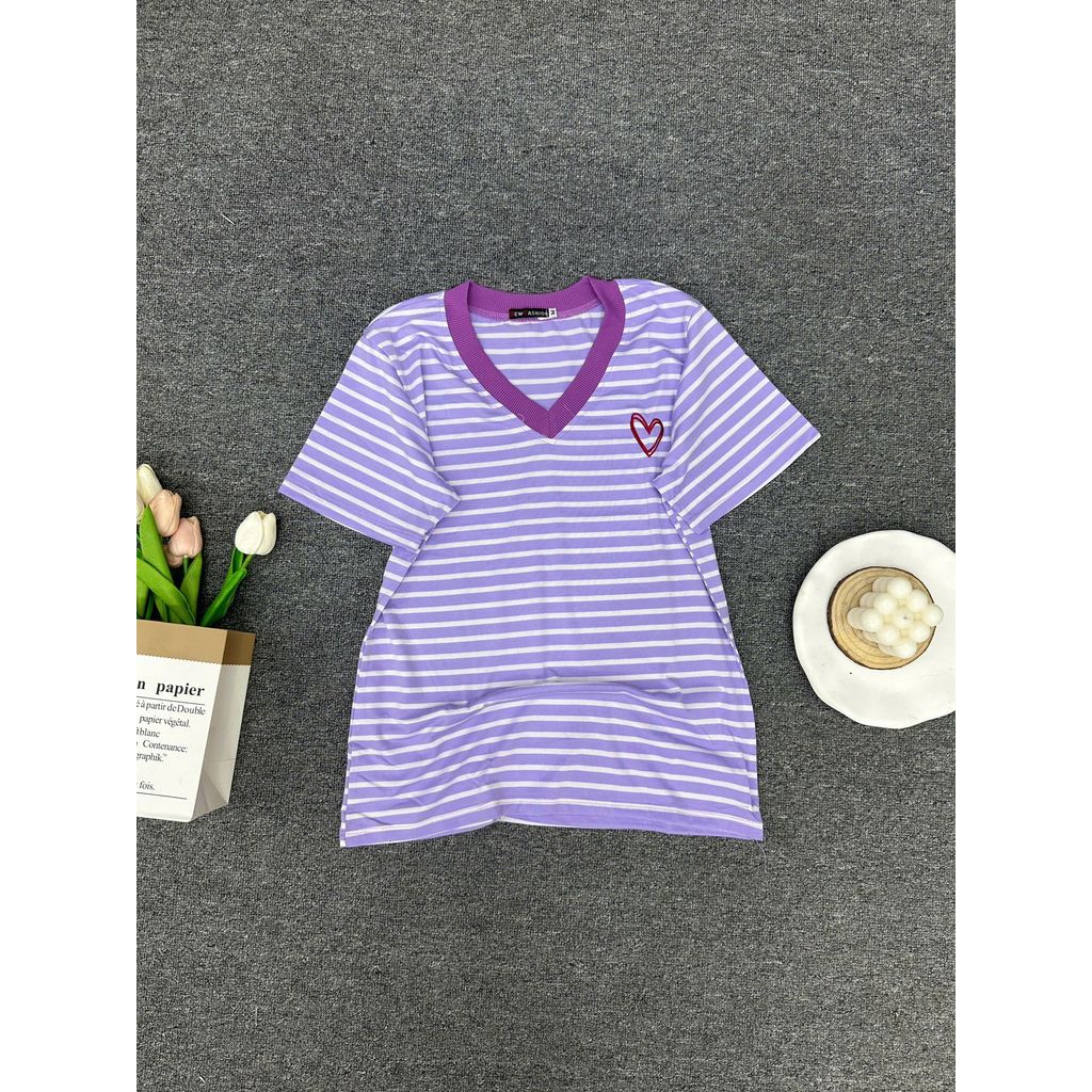 Áo Thun Nữ ESHOP MS515 Bigsize Kẻ Sọc Cổ Tim Tay Ngắn Chất Cotton Mềm Mịn Thoáng Mát Phù Hợp Mùa Hè