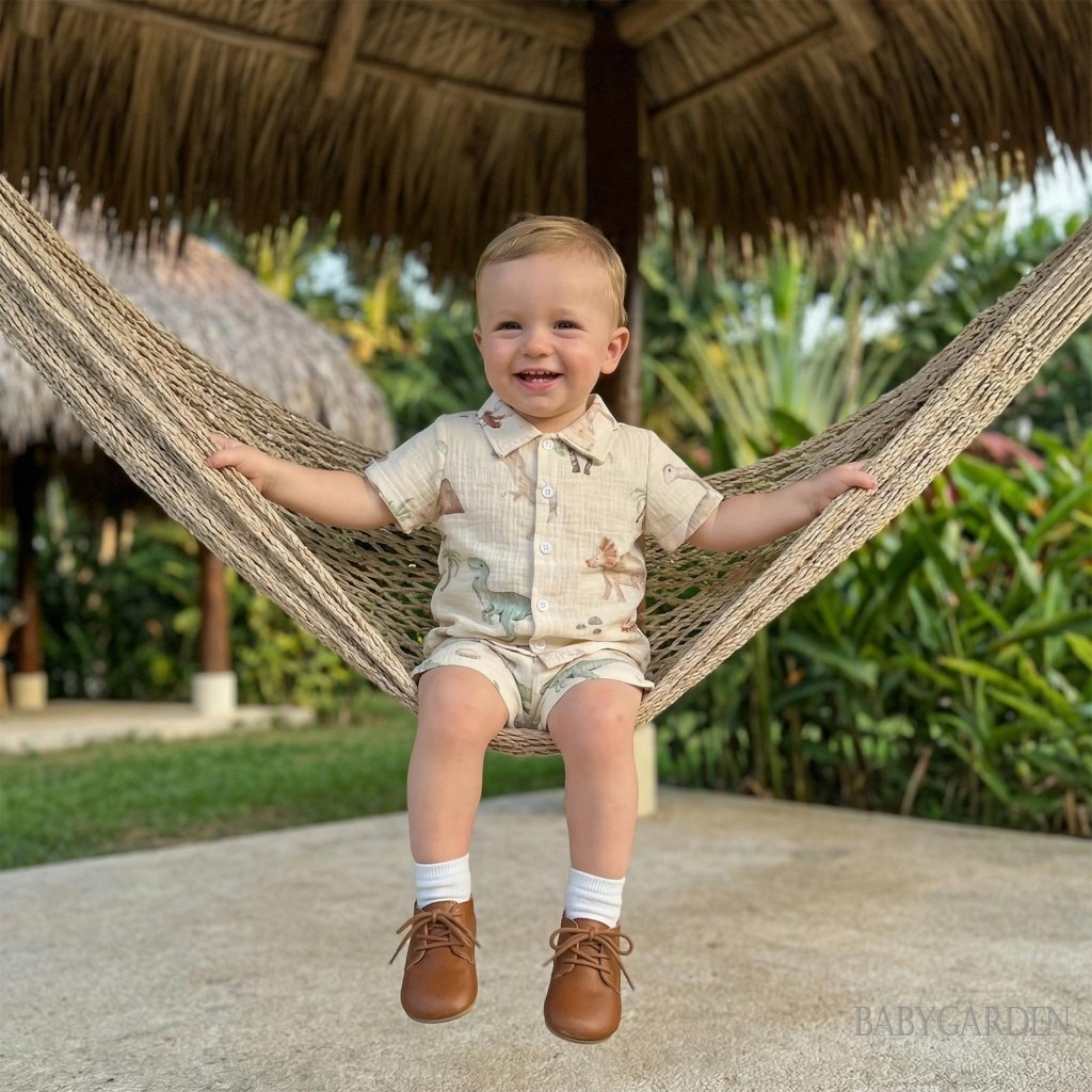6M-4Y Tập Đi Bé Trai Trang Phục Mùa Hè Khủng Long / Lá / Cây Dừa In Nút Xuống Cổ Áo Sơ Mi Tay Ngắn Và Quần Short