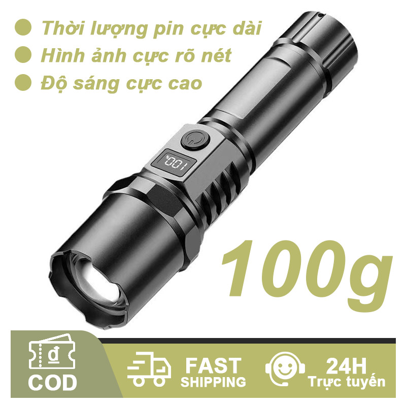 Đèn pin LED siêu sáng 1000LM sạc USB Type-C chống nước IPX7, đèn pin cầm tay pin trâu có zoom