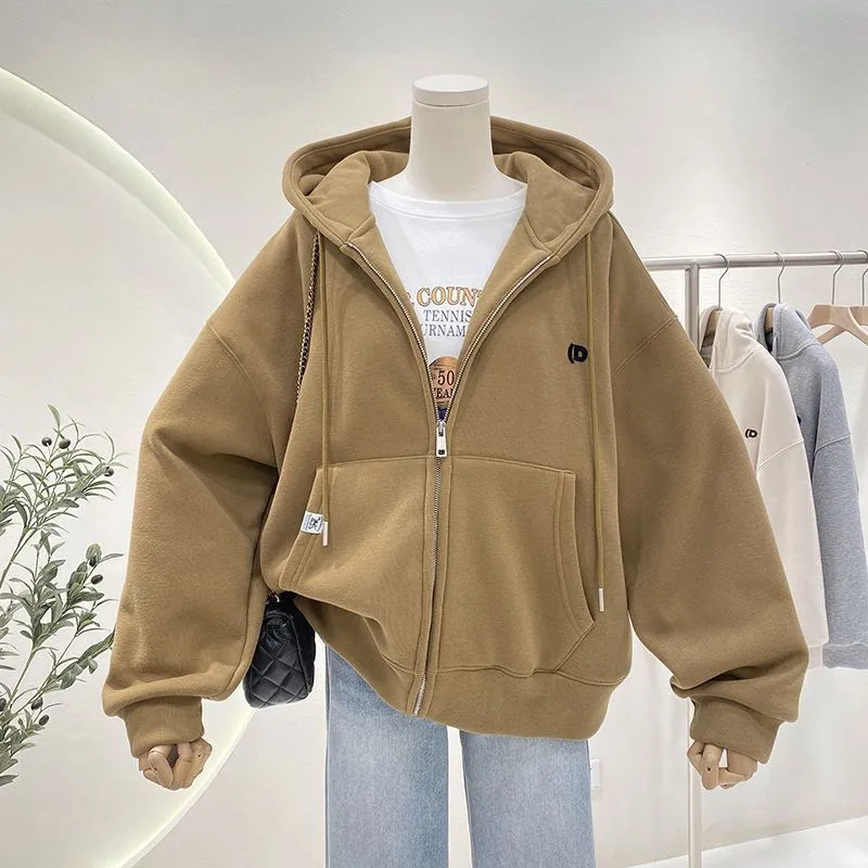 Áo khoác nữ nhung dày có mũ trùm đầu mùa xuân thu đơn giản và đa năng Áo Cardigan dây kéo Oversize đơn giản
