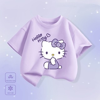 Áo thun mỏng cổ tròn kiểu Mỹ, thoải mái, in hình Hello Kitty của Sanrio dành cho bé gái, một mặt.