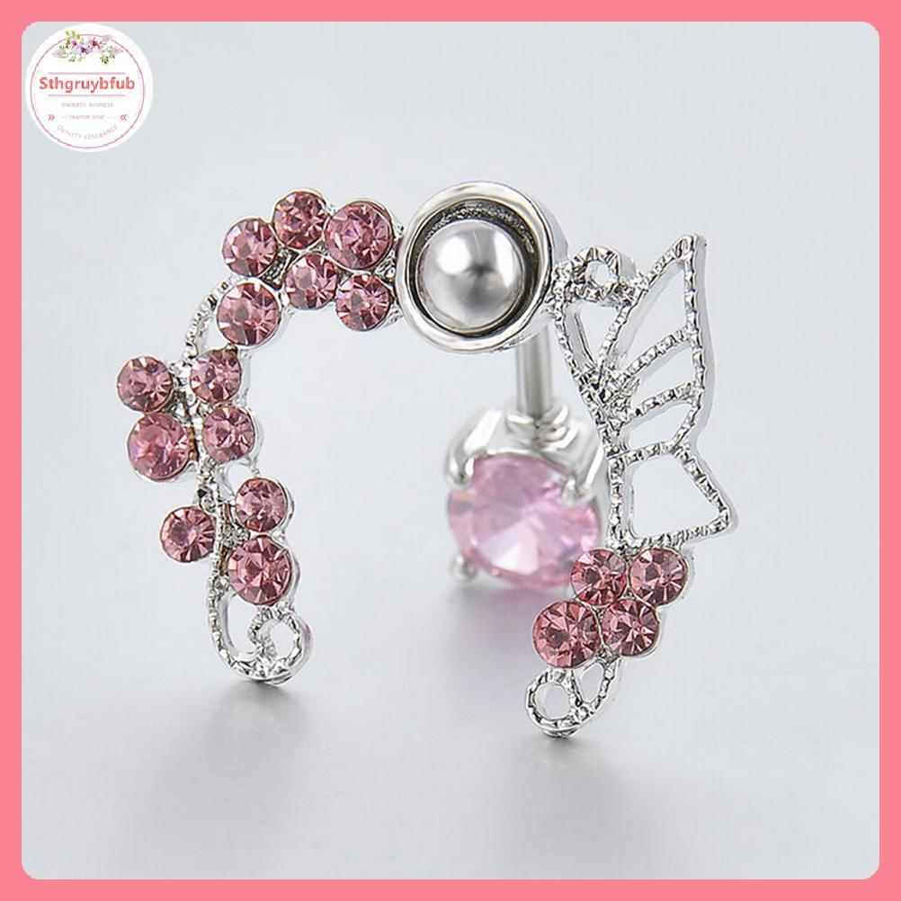 STHB Vòng bụng bướm hồng trên xuống rốn xỏ ngược 14G hoa VN