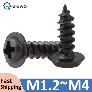 Vít tự khai thác đầu tròn Mini bằng thép đen Phillips PWA có máy giặt M1.2 M1.4 M1.7 M2 M2.3 M2.6 M3 M4