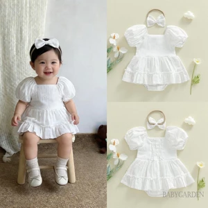 Bé Gái Hoa Thêu Ngón Tay Xù Viền Tay Ngắn Váy Liền Quần Và Nơ Băng Đô Trắng Cho Bé Showe / Lễ Rửa Tội