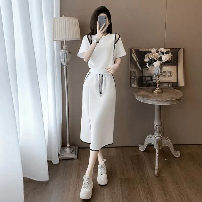 Bộ đồ thời trang kiểu Pháp dành cho nữ, áo ngắn tay và chân váy hai mảnh thanh lịch mùa hè