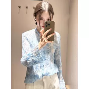 Áo sơ mi dài tay nữ độc đáo và thanh lịch, in họa tiết hoa màu xanh kèm dây buộc - Hàng mới về