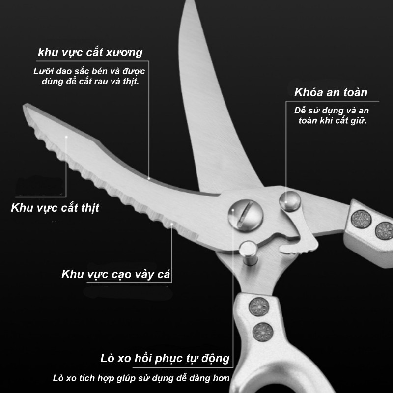 Kéo cắt xương gà trợ lực, thép không gỉ dày, siêu bén, tự động mở, chống trượt, đa năng nhà bếp