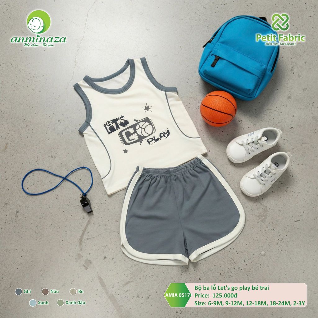 Bộ ba lỗ Let's go play bé trai Anminaza Vải Sợi Petit Thoáng Mát Thấm Hút - Hàng Chính Hãng AMIA0517