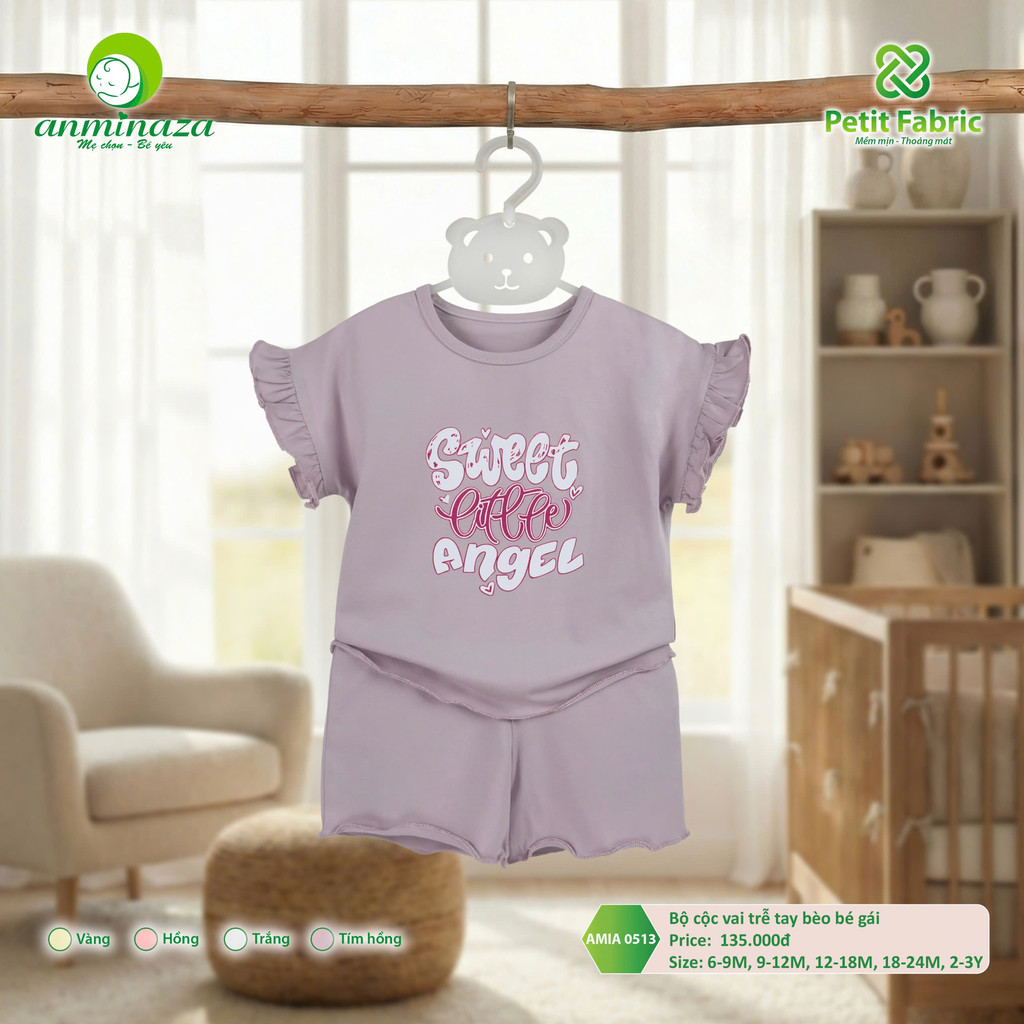 Bộ cộc vai trễ tay bèo bé gái Anminaza Vải Sợi Tre Petit Thấm Hút Thoáng Mát - Hàng Chính Hãng AMIA0513