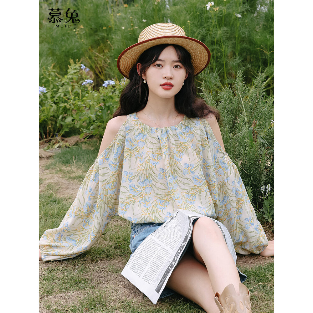 Mutu Pháp Áo Sơ Mi Off-Shoulder Voan Phù Hợp Mùa Hè