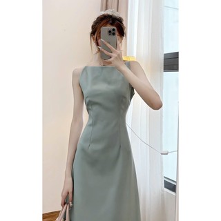 Váy maxi cổ yếm dáng dài xòe chất chéo Hàn Quốc, Váy thiết kế dáng dài chất chéo ý Hoadanbistore