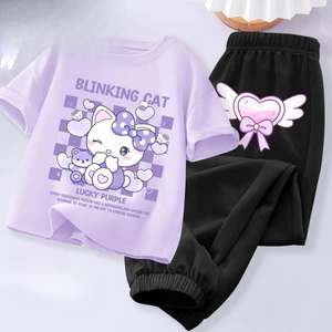Hello Kitty Hoạt Hình Bé Gái Hai Mảnh Trang Phục Áo Thun Tay Ngắn Và Quần Dài Dễ Thương Đồ Chơi Thường Ngày