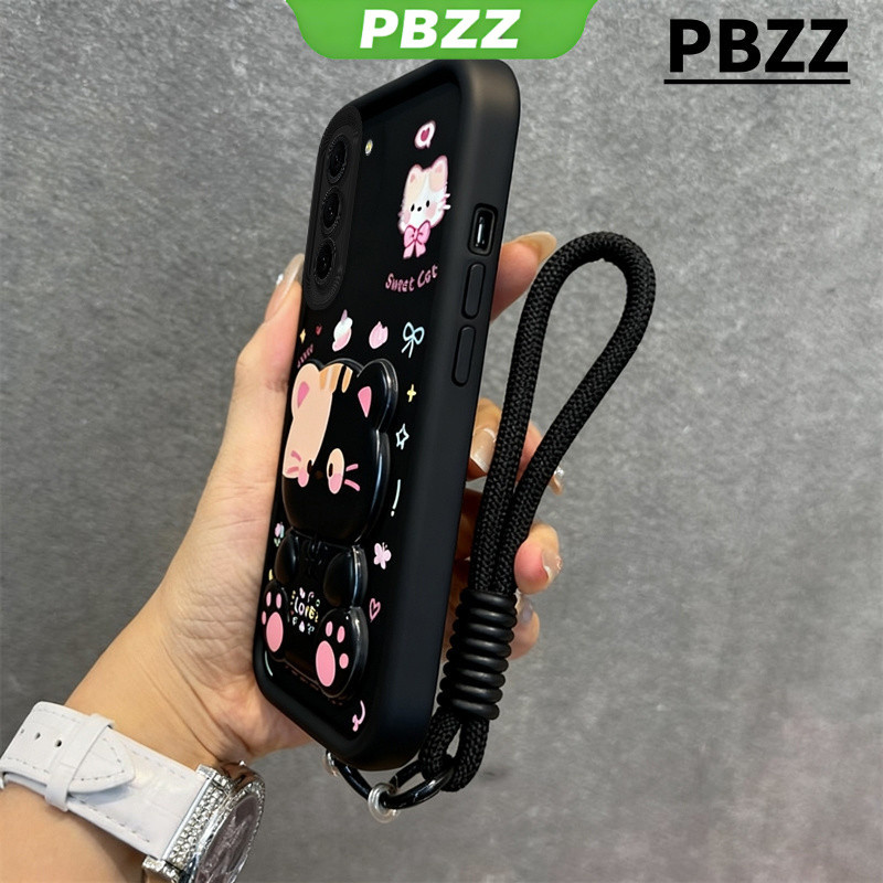 Ốp Lưng PBZZ Cho samsung s24 s23 s25 s26 ultra S23 s26 S24 plus s24 s23 FE s25 ultra 5g Vỏ Điện Thoại Vỏ Mềm Thiết Kế Mới Gương Mèo Dễ Thương Có Giá Đỡ & Dây Buộc Cho Bé Trai Đen