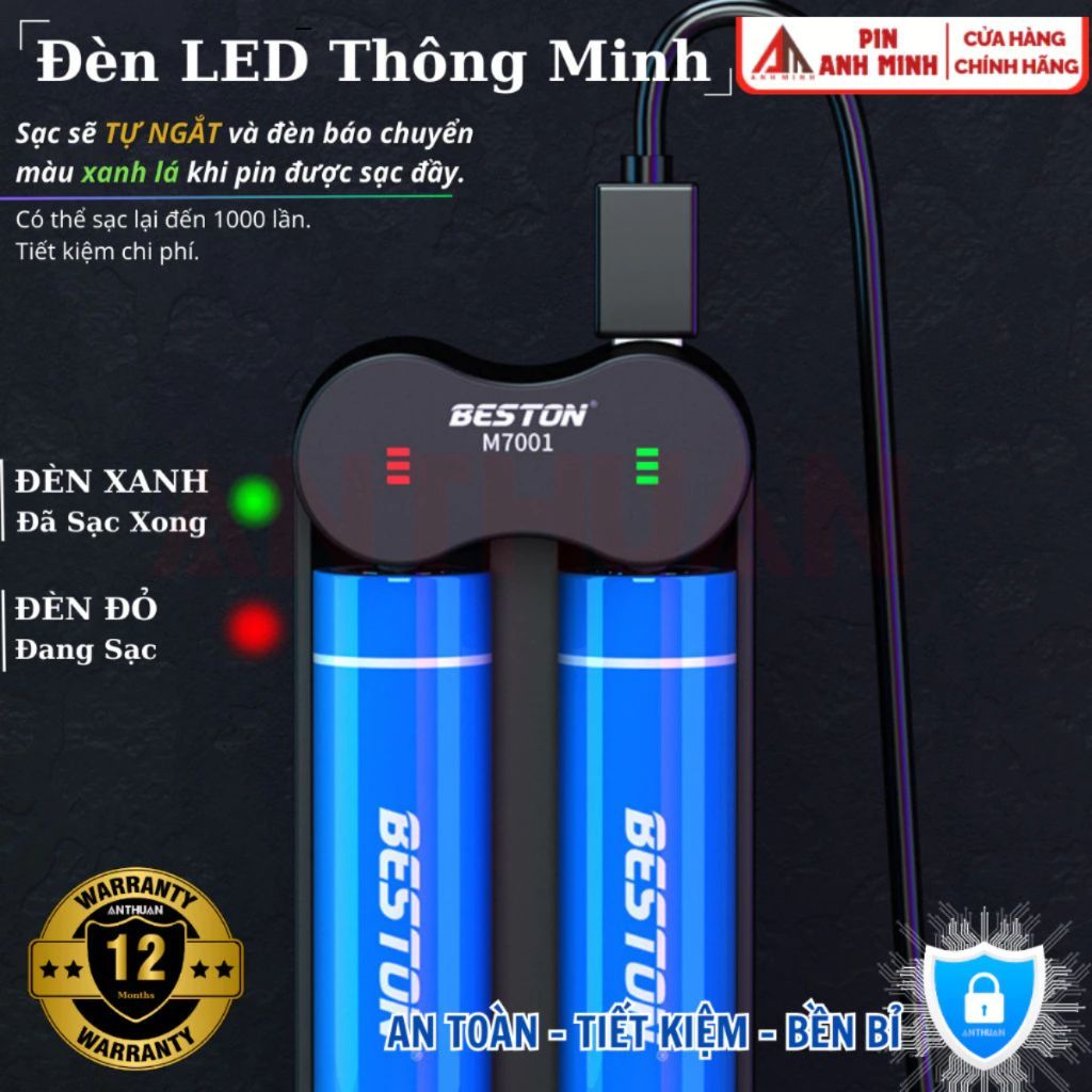 Pin Sạc 18650 3.7V Dòng Xả Cao Beston 3300mAh 2600mAh dùng cho sạc đa năng M7001 sạc nhanh tự ngắt