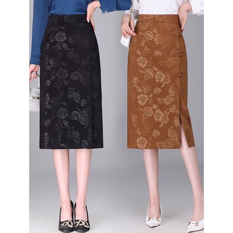Váy nữ mùa thu đông kiểu Trung Quốc mới, có xẻ tà cài nút, in họa tiết, dáng ôm chữ A.