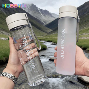 Cốc nước HOBBYIN, Bình nước thể thao dung tích lớn trong suốt, 800ML có dây buộc Cốc nhựa mờ du lịch