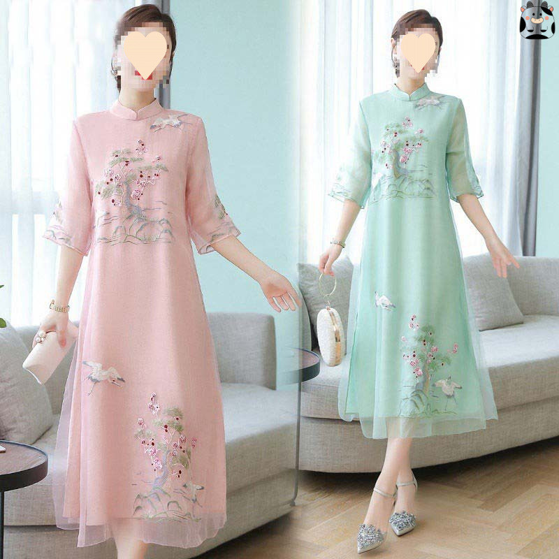 Đầm sườn xám cải tiến, phong cách mùa hè mới dành cho phụ nữ , đầm dài thêu, phong cách truyền thống Trung Quốc