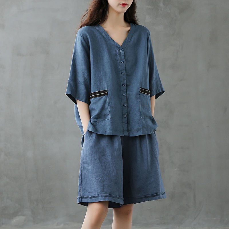 Áo vải cotton-linen, quần short ống rộng dáng suông, bộ hai mảnh giả linen thời trang mùa hè mới dành cho nữ.