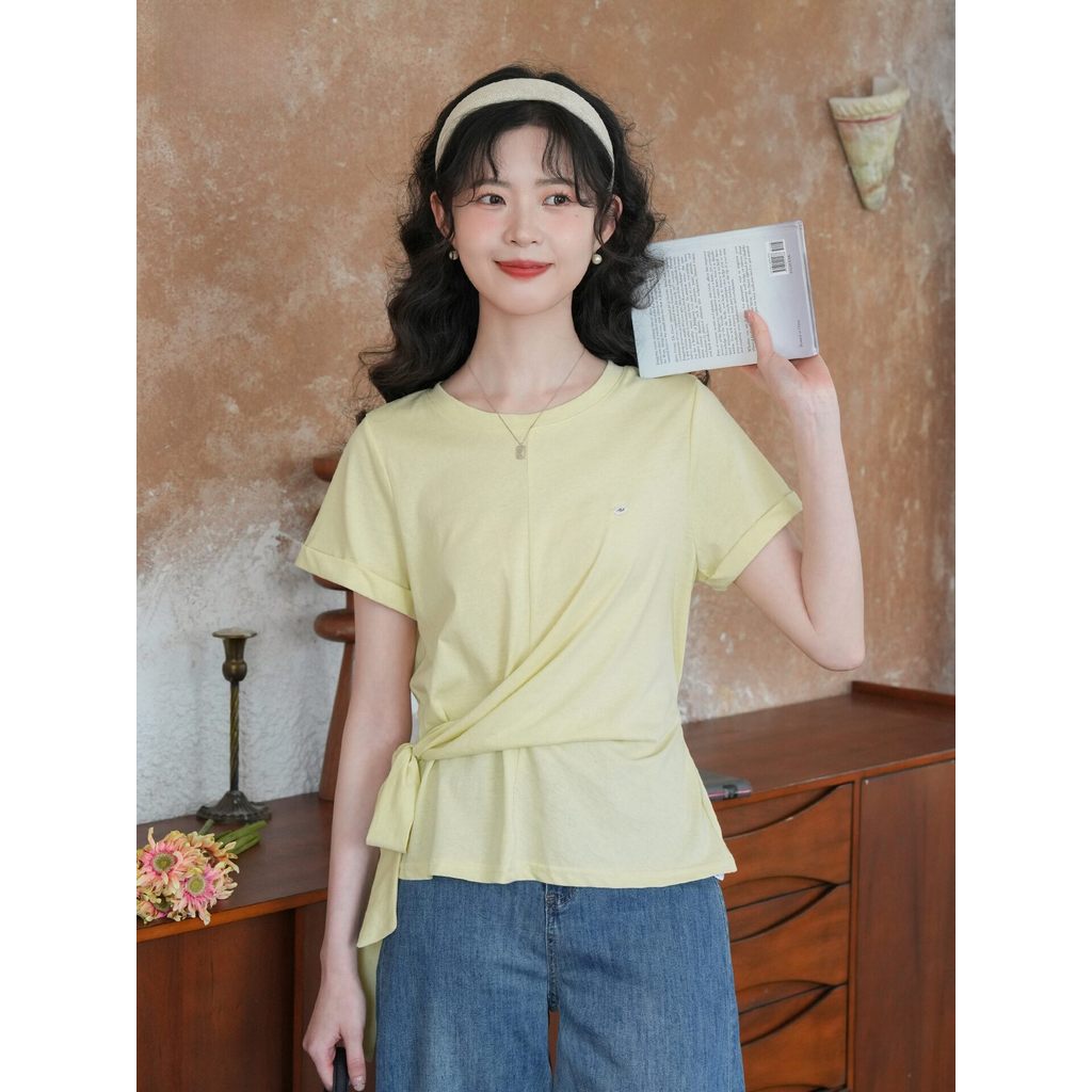 Mutu Nẹp Áo Nữ Mùa Hè Băng Cao Cấp, Cổ Tròn, Uốn Áo Thun Ngắn Tay, Phong Cách Sang Trọng
