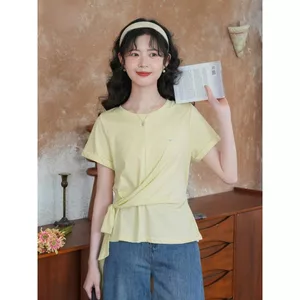 Mutu Nẹp Áo Nữ Mùa Hè Băng Cao Cấp, Cổ Tròn, Uốn Áo Thun Ngắn Tay, Phong Cách Sang Trọng