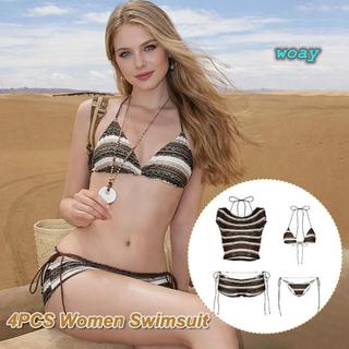 WOAY Bikini Sọc Vintage, Thích Hợp Cho Ngực Nhỏ, Thời Trang Đi Biển
