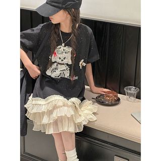 Váy liền cho bé gái kiểu áo thun - váy in hình phối chân váy lưới xếp tầng dễ thương mùa hè
