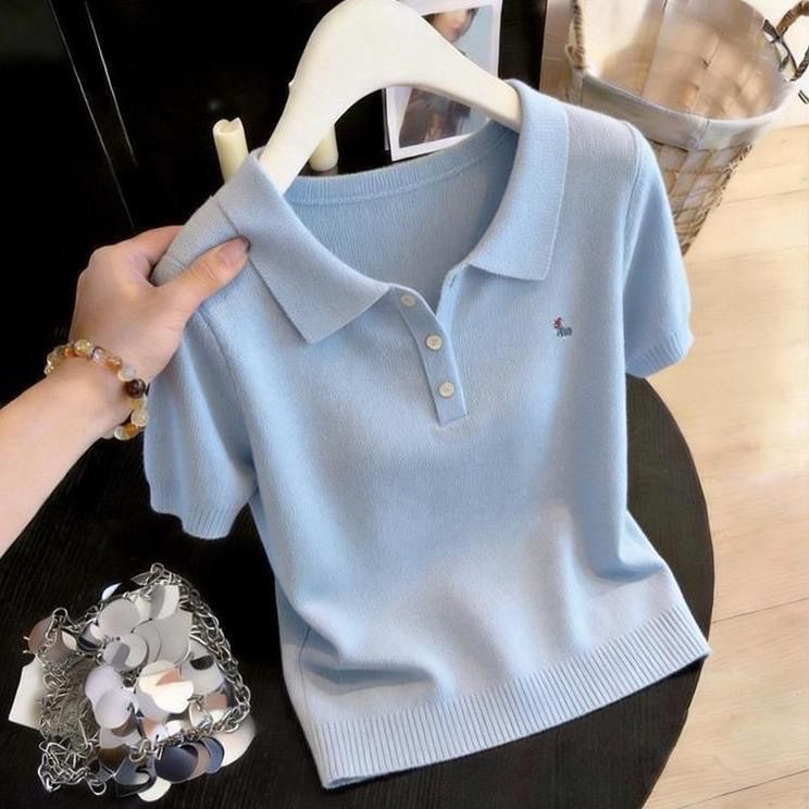 Áo thun cổ Polo nữ cỡ lớn, hàng dệt kim mỏng màu trơn, phù hợp thời trang mùa hè