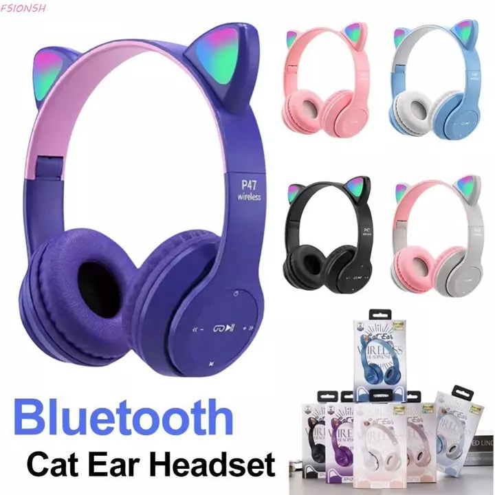 Tai nghe không dây tai mèo FSIONSH, Tai nghe Bluetooth tai mèo có thể gập lại Bluetooth, Tai nghe đèn LED phát sáng có micrô Tai nghe âm thanh nổi qua tai Tai nghe tai