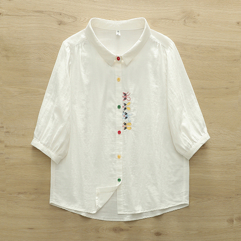 [Sẵn Sàng] Áo Sơ Mi Nữ Sợi Cotton Cao Cấp Mùa Hè Placket Thêu Hình Thỏ Tay Ngắn