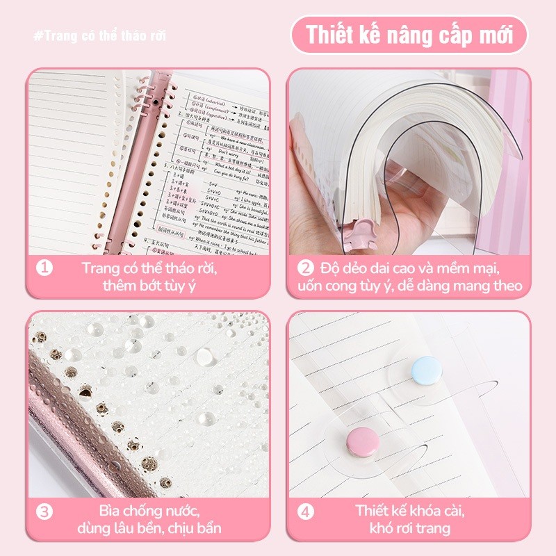 Sổ còng A5 bìa trong suốt PVC, vở kẻ ngang thay giấy linh hoạt tặng sticker decor tiện lợi