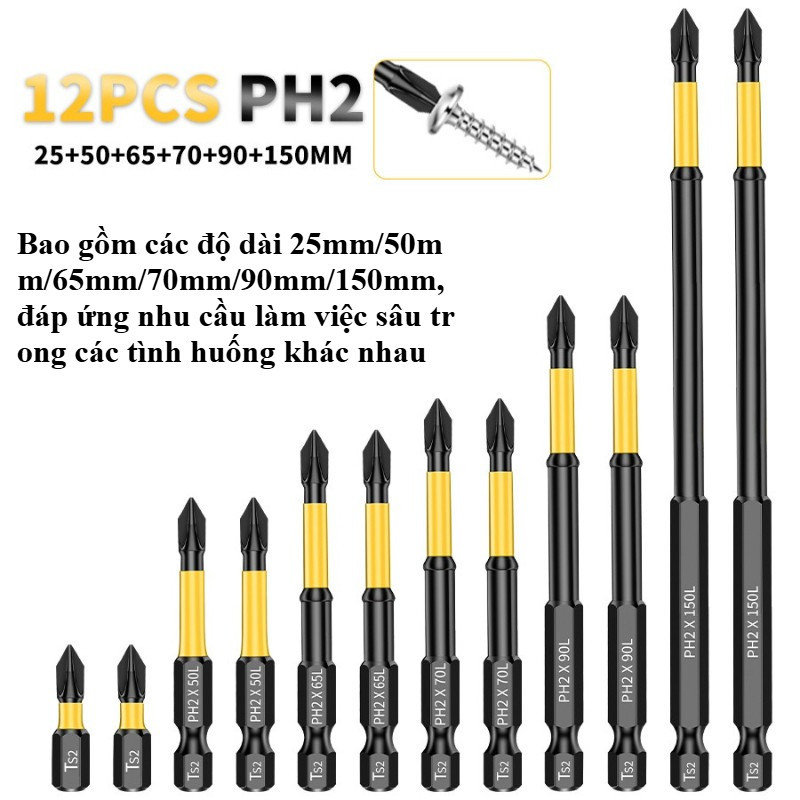 Bộ mũi tuốc nơ vít đầu chữ thập,am châm mạnh,bộ 12 món,thiết kế chống trượt,Dành cho dụng cụ điện,Cổng 6.35mm