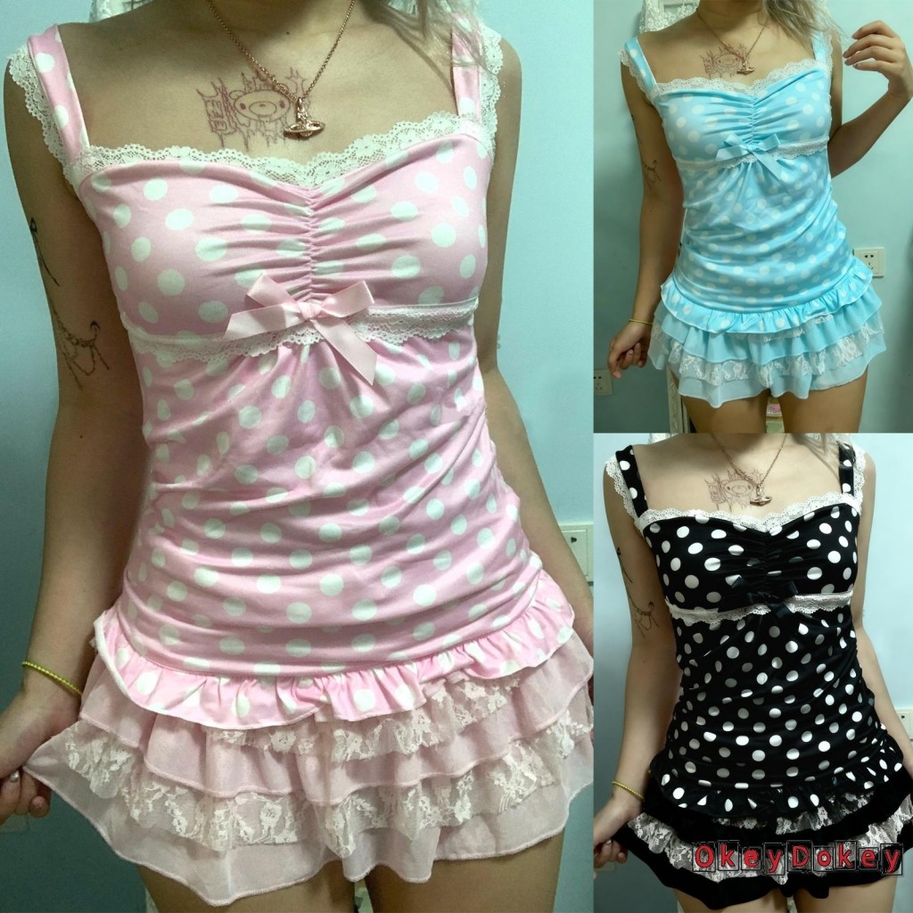 Crop Top Nữ Chấm Bi Retro Ren Thiết Kế Xù Viền Trendy Y2K