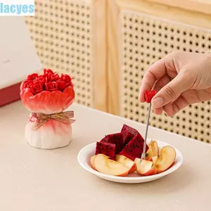 Nĩa tráng miệng LACYES có lọ đựng đồ, Bộ nĩa trái cây bằng gốm sứ hoa hồng phong cách Ins, Trang trí sáng tạo Đồ dùng nhà bếp bằng gốm gia dụng sáng tạo