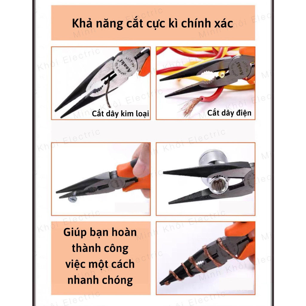 Kìm nhọn Asaki AK-8105, AK-8107, kềm nhọn 6 inch, 8 inch, kìm cắt