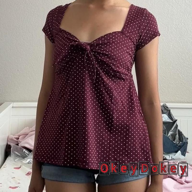 Áo sơ mi babydoll peplum cổ chữ V, họa tiết gingham, nút thắt trước, xu hướng Y2K