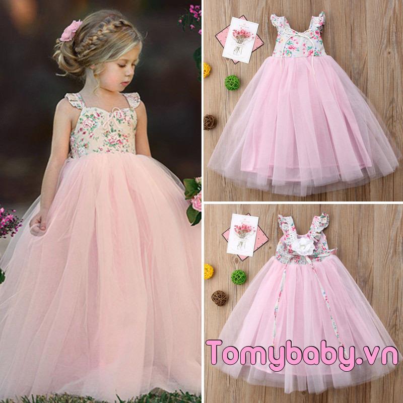 Trẻ Em Bé Gái Váy Công Chúa Cưới Phù Dâu Không Tay In Hoa Đảng Tutu Váy