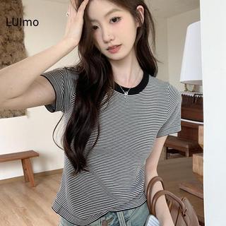 Áo thun nữ mùa hè sọc tay ngắn, chất liệu dệt kim với chi tiết băng lụa, thoải mái cho hàng ngày