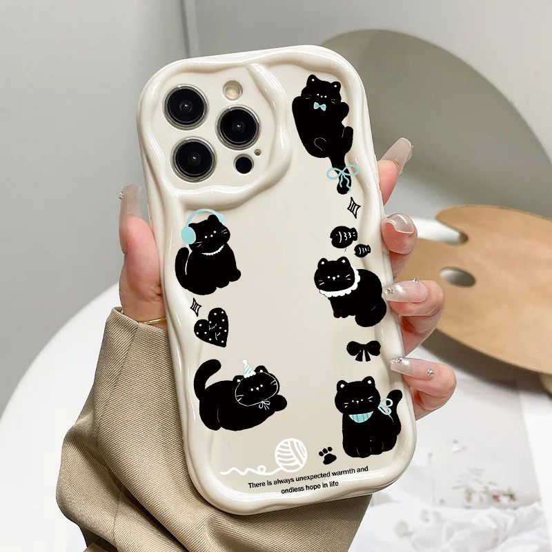 Ốp điện thoại họa tiết động vật hình mèo đen mặt trăng dễ thương cho Xiaomi Redmi Note 15 14 13 12 Pro Plus 5G Note 15 Pro 4G Vỏ silicon hoạt hình Hàn Quốc Kem gợn sóng cạnh trong suốt INS