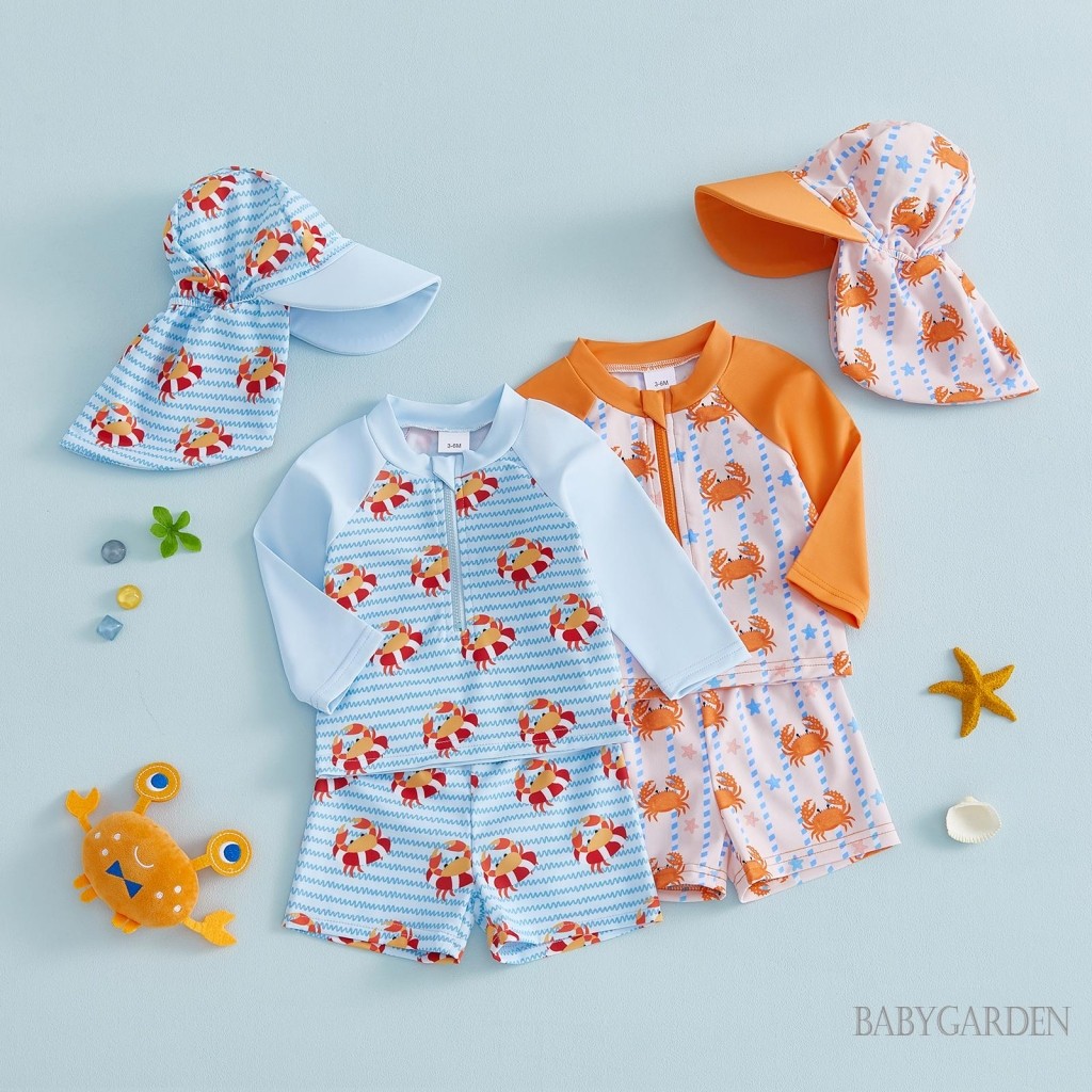 Bộ bảo vệ phát ban cho trẻ em 0-5 tuổi Bộ đồ bơi khô nhanh Bộ đồ bơi in hình con cua Áo dài tay Quần bơi Mũ chống nắng Bộ đồ tắm